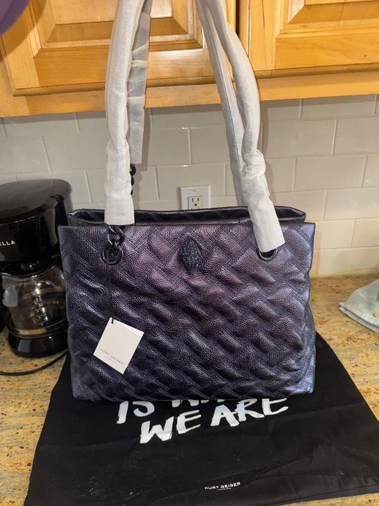 Kurt Geiger Metallic Deep Navy Quilted Tote with Chain-Trim Straps - Picture 2 of 15